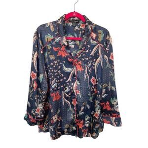 Pixie + Diamond Floral Navy Blue Pajama Style Top Button Cottage Feminine L